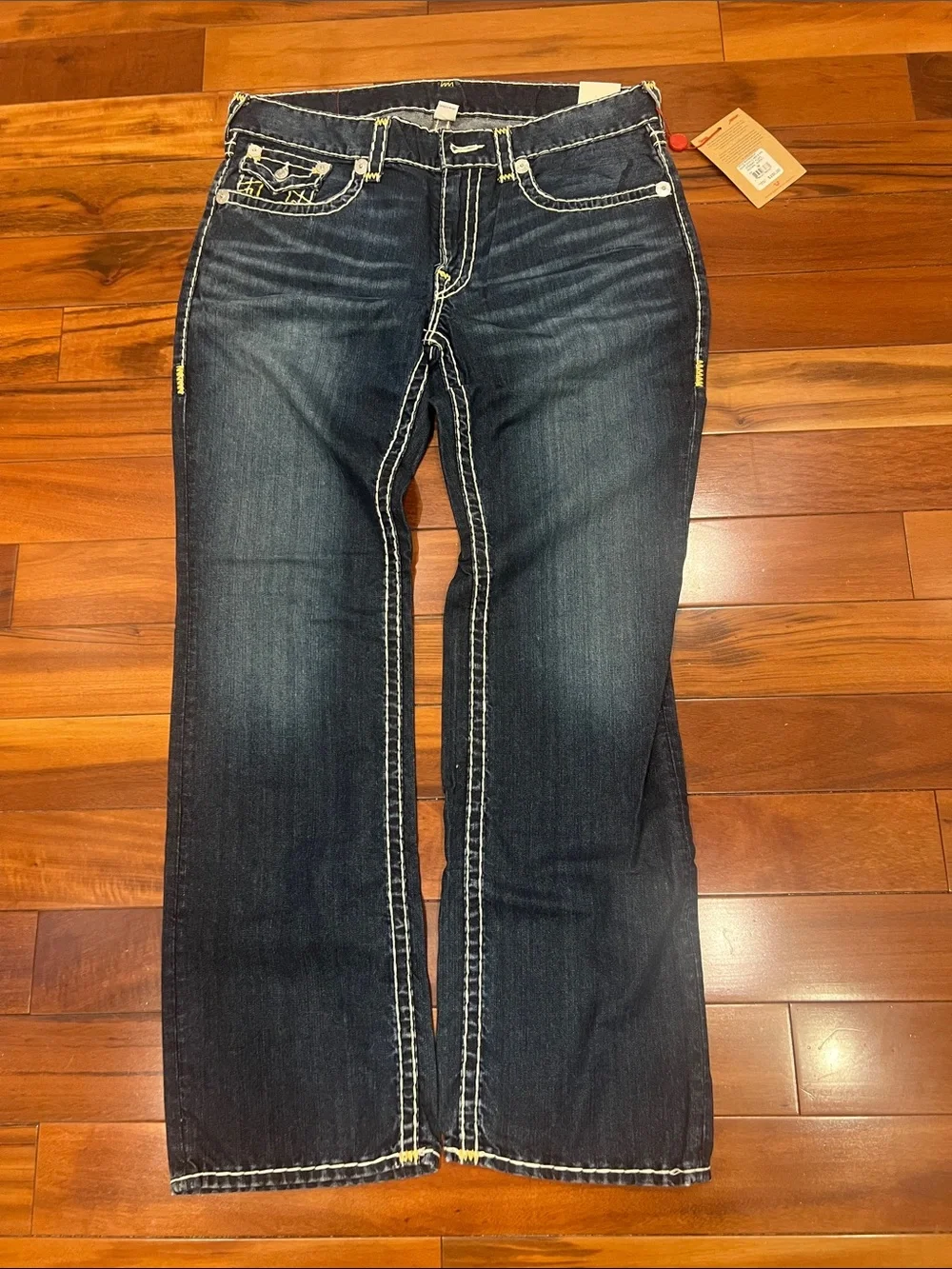 True Religion Ricky Straight Leg Dark Blue Denim Jeans with Contrast Stitching